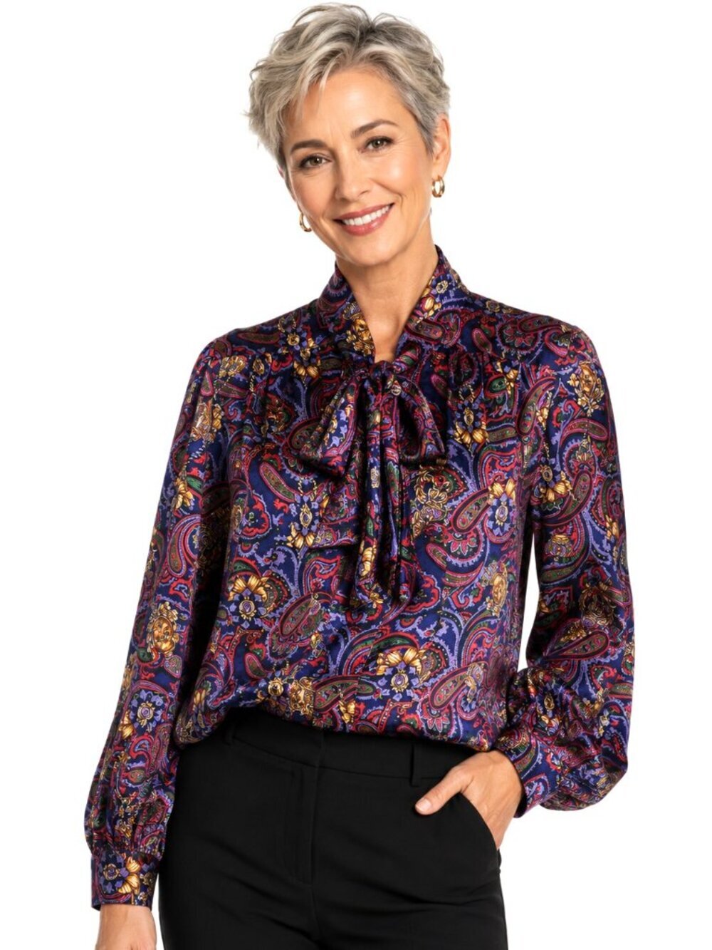 Vintage Koret Multicolor Tie Neck Paisley Satin LS Blouse